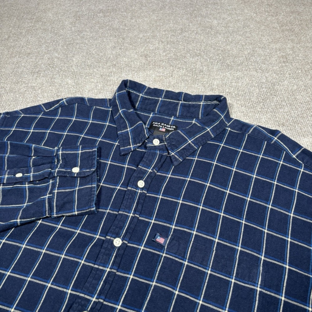 Polo Jeans Co Ralph Lauren Shirt Mens 3XT‎ Blue Plaid Button Up Pocket Flag Logo